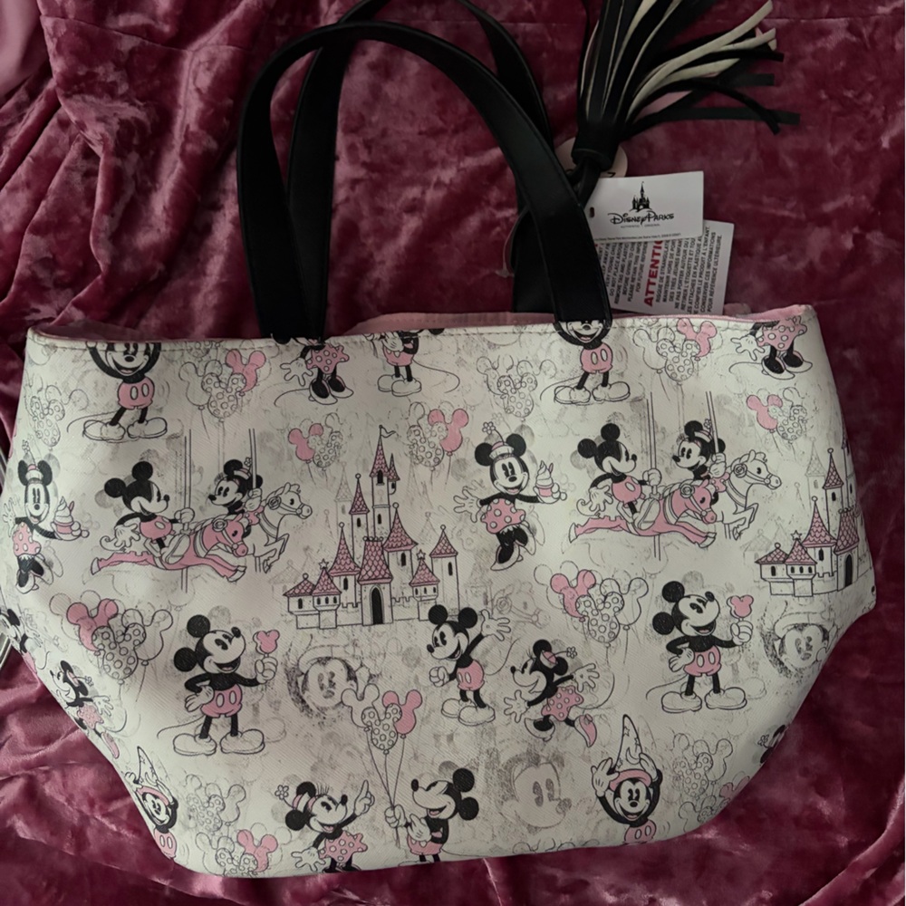Disney Pink and White Mickey & Minnie Castle Print Tote with Black Handles